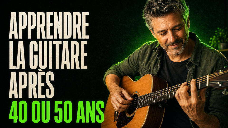 apprendre la guitare à 50 ans, un adulte débutant qui joue chez lui