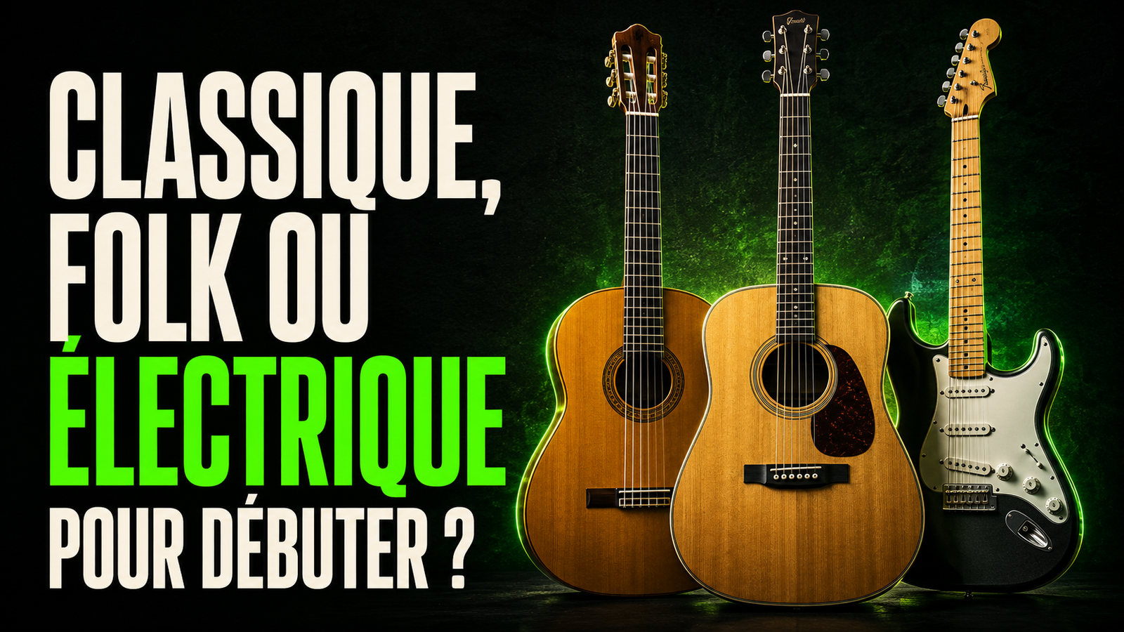 Guitare classique ou folk ou électrique posées côte à côte pour un débutant