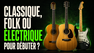 Guitare classique ou folk ou électrique posées côte à côte pour un débutant