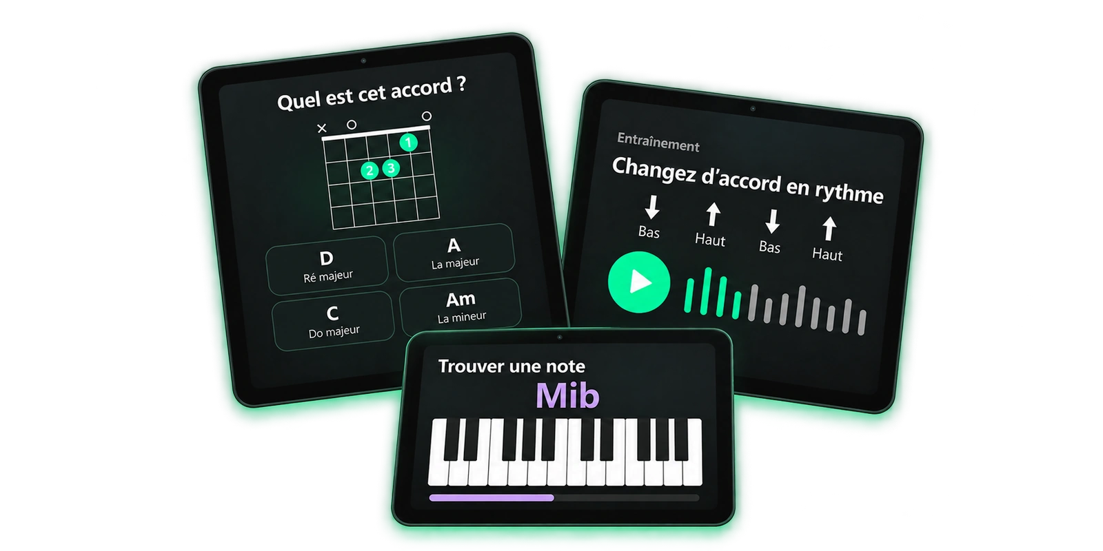 Trois exercices du Carnet sur tablette : reconnaître un accord à son diagramme, changer d'accord en rythme, trouver une note sur le clavier.